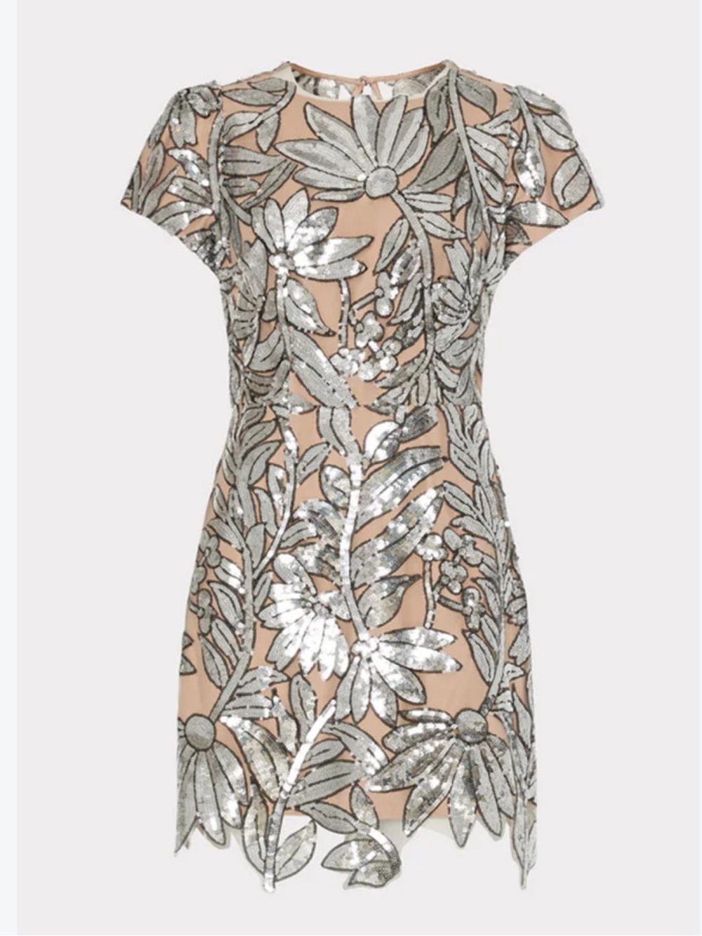 MILLY Silver Sequin Floral Short Dress on Nude Base